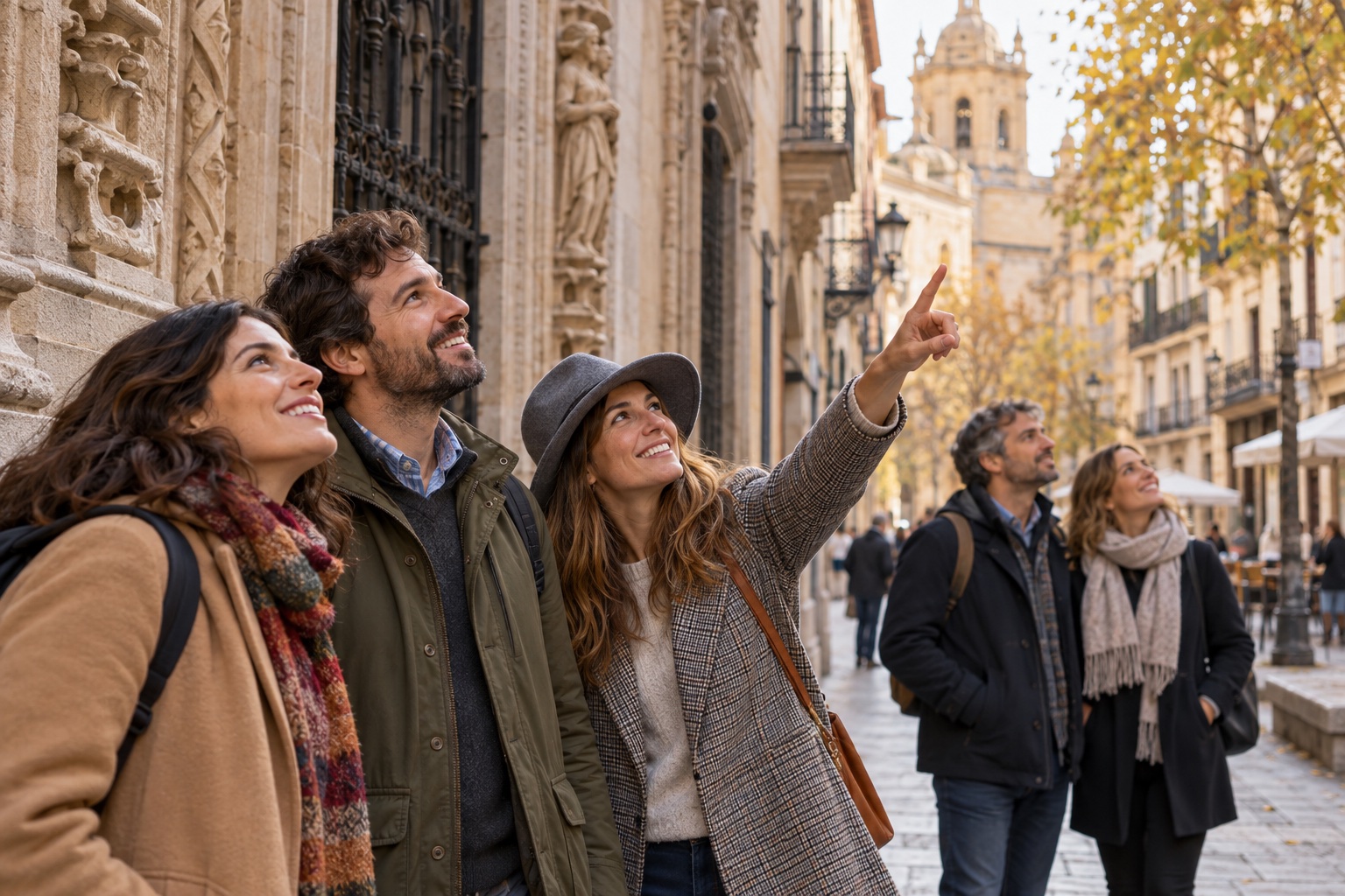Amigos buscando detalles arquitectónicos en una calle peatonal