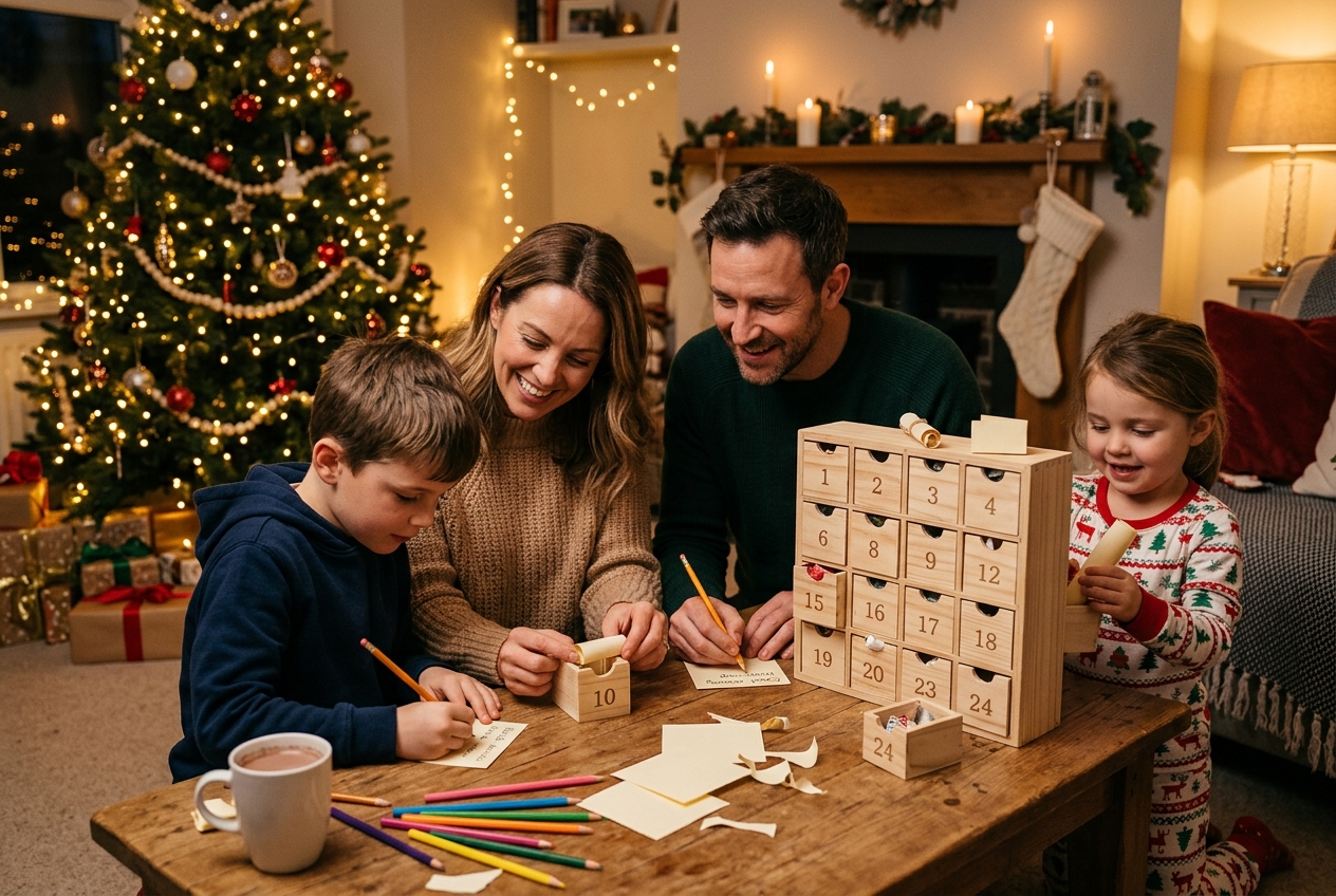 Familia preparando calendario de adviento de planes
