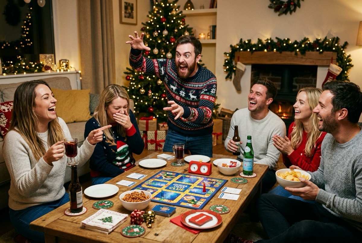 Amigos riéndose jugando a juegos de mesa en Navidad