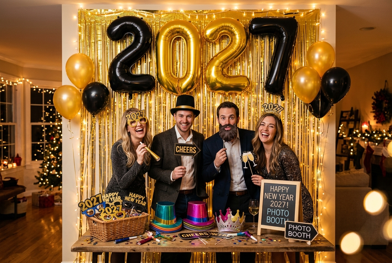 Decoración de Nochevieja con photocall y globos