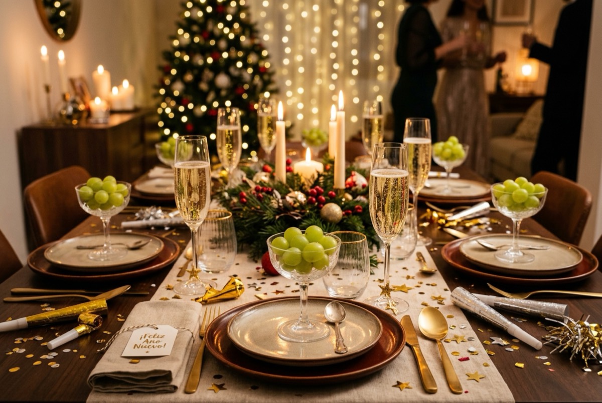 Mesa preparada para las uvas y campanadas de Nochevieja
