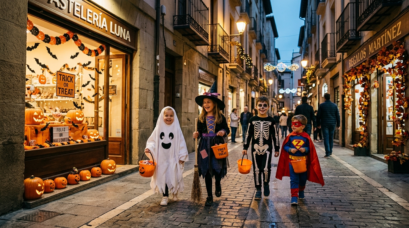 Niños disfrazados haciendo truco o trato en un barrio de Zaragoza