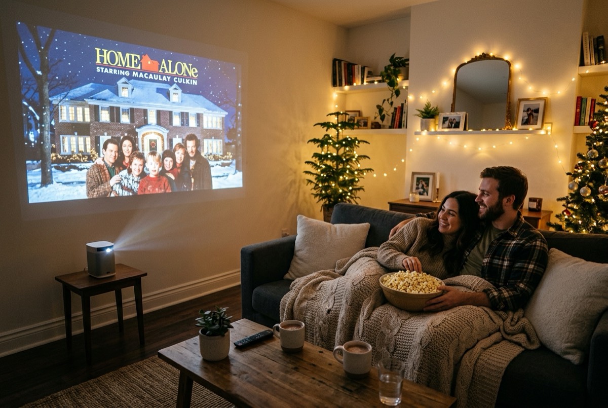 Cine en casa con proyector y palomitas