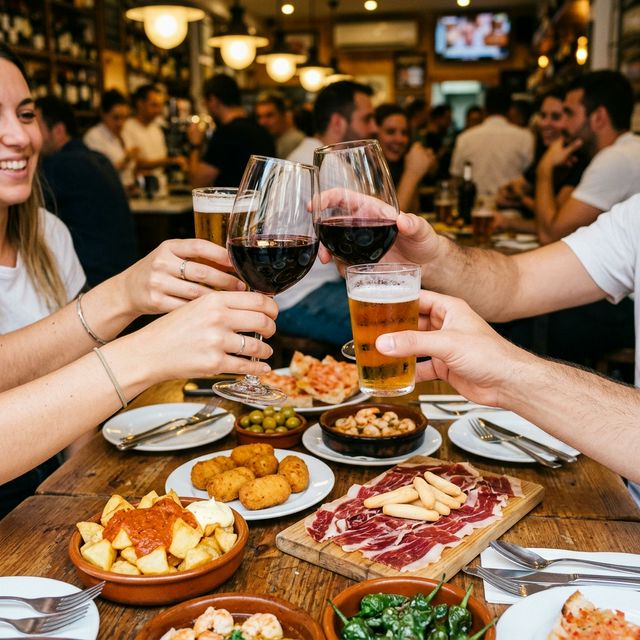 Amigos brindando de tapas